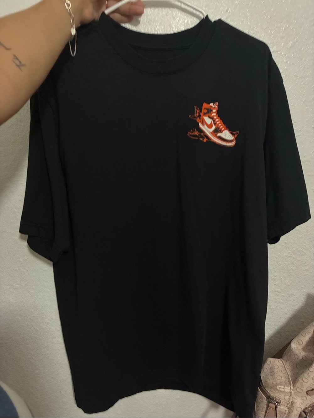Black Graphic Tee with Orange Sneaker Design - Unbranded